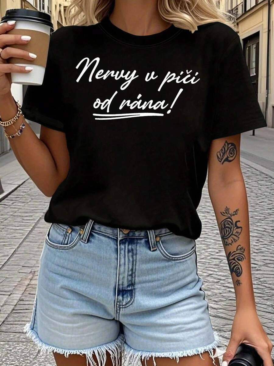 Camiseta de manga corta para mujer con estampado de letras "Nervy V Pici Od Rana", ideal para primavera y verano, cuello redondo, estilo casual, para uso diario, ocio y regalo de vacaciones. - Negro - Ver 1