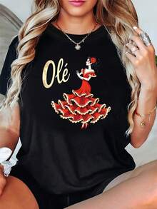 Camiseta de manga corta de algodón holgada unisex con cuello redondo, estilo vintage urbano, para mujer, con estampado de elementos de danza flamenca del Día Nacional de España y el texto Olé en español, como regalo informal para compras o vacaciones, o como atuendo para reuniones de amigos. - Negro - Ver 1