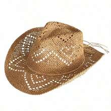 Hollow Western Cowboy Hat Combines Straw Material With Retro Design.It Has A Wide Brim And A Classic Hat Shape.It Has Both Sun Protection And Style.It Is Suitable For Summer Travel, Beach Parties Or Theme Activities, Showing The Free And Unrestrained Western Style And Personality Declaration. - 卡其色 - 查看 9