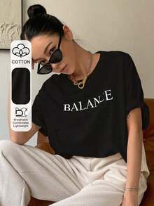 short sleevesDAZY Camiseta de manga caída con estampado de letras, camiseta holgada de verano, camiseta con gráficosLeisure - Negro - Ver 1