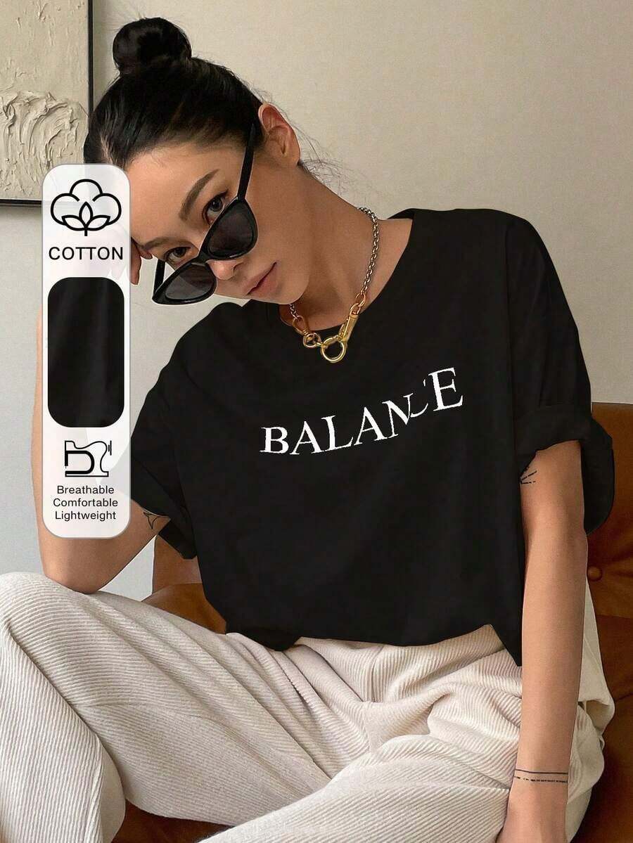 short sleevesDAZY Camiseta de manga caída con estampado de letras, camiseta holgada de verano, camiseta con gráficosLeisure - Negro - Ver 1