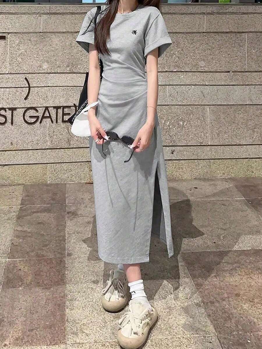 女款天使圖案抓皺開衩設計休閒極簡派對洋裝優雅夏季 - 灰色 - 查看 1