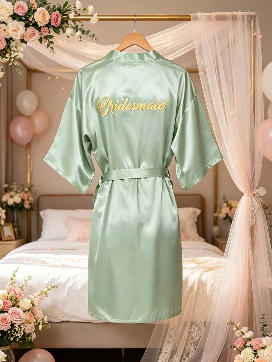 1 件装女童生日女王印花丝滑缎面和服睡袍，轻盈透气凉爽夏季睡衣，柔软家居睡袍，适合生日派对、婚礼、度假、返校及送礼 - 淺綠色伴娘-燙金款 - 查看 1