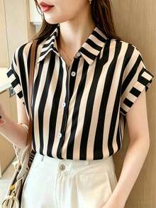 Women's Summer Casual Loose Slimming Batwing Sleeve Short Sleeve Shirt Striped Top Lapel Single-Breasted Design Folded Collar Simple Elegant Vacation - Apricot Curry - View 4