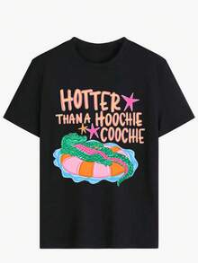 Women's Casual Black Cropped T-Shirt with 'Hotter Than a  ' Alligator Print, Round Neck, Short Sleeve, Y2K Streetwear Graphic Tee - Negro - Ver 2