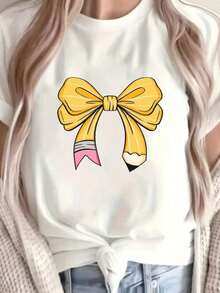 Women's Colorful Print Heart Bow Top - Round Neck, Loose Fit Graphic Top Cute Daily Teacher Outfit Comfortable Washing Machine All Season Special Edition Gift Sport Shirt Blouse Long Versatile Layering Piece, Basic Seasonal Wardrobe Soft Woven Breathable Material Fashionable Printed Feminine Women's Casual T-Shirt With Fun Print, Regular Fit, Round Neck, Short Sleeve, Spring-Summer, Ideal For Daily Wear, Fashion Category. - 白色底黃色 - 查看 6