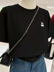 Camiseta de mujer con cuello redondo y estampado bordado de caballero - Blusa casual de cuello redondo - Camiseta ligera adecuada para todas las estacionesPure-Cotton - Negro - Ver 5