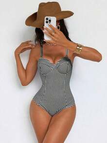 Traje de baño de una pieza con control de abdomen, con cordón, espalda descubierta, a rayas azul y blanco, con efecto push-up, para playa, resort y fiesta - Blanco y Negro 2 - Ver 7
