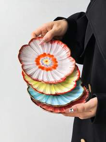 2件/4件渐变花卉陶瓷盘,手绘花瓣浮雕餐盘,家用小吃盘 - 彩色 - 查看 11