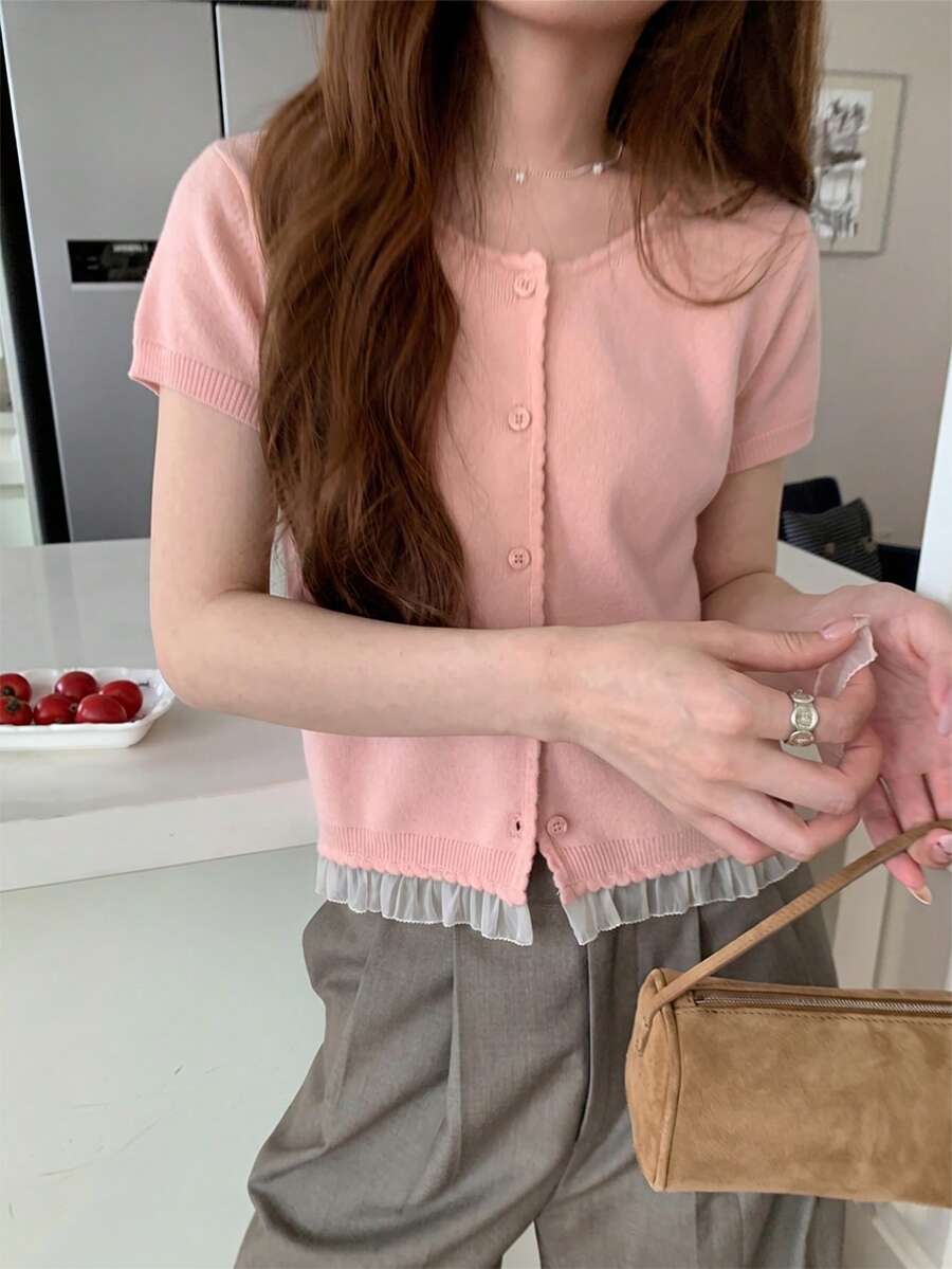 可愛蕾絲飾邊甜美溫柔優雅素色圓領針織短袖上衣 粉色夏季 - 粉色 - 查看 1