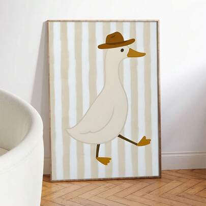 1pc Cute Duck Farm Animal Poster - Beige And Brown Minimalist Nursery Wall Art With Running Ducklings On Beige Striped Back, - Western Country Decor Suitable For Kids' Room, Boys' Bedroom, Living Room, Nursery ,Frameless