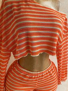 Casual 2-Piece Set Consisting Of A Cropped Top With An Irregular Neckline And Lettuce Hem, And Shorts, In A Solid Color, For Vacation, Spring/Summer - Multicolor 12 - View 10