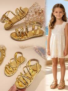 Children's Elastic Ankle Strap Flat Sandals, Open Toe Gladiator Style Summer Casual Sandals Suitable For Girls - Gold - View 3