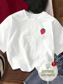 Set de 3 camisetas cortas de mujer de manga corta y cuello redondo con estampados minimalistas casuales de corazón, lazo y fresa - Multicolor 2 - Ver 5