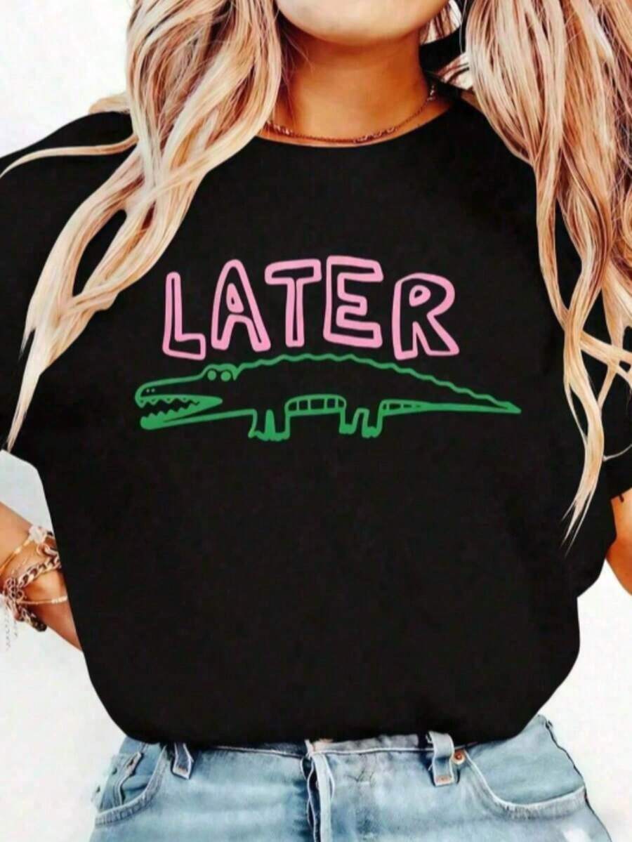 1 pieza de camiseta divertida para mujer con estampado de cocodrilo y la frase sarcástica "Later" en blanco y rosa - Camiseta ligera para uso diario para mujeres - Camiseta casual lavable a máquina, ropa para todas las estaciones, camiseta con estampado divertido, camiseta de ajuste cómodo - Camiseta transpirable con cuello redondo y estampado para todas las estaciones - 180g - Camiseta casual para mujer 100% algodón: Perfecta para actividades al aire libre y moda urbana. |   Diseño exquisito |   Suelto y cómodo |   Fácil de combinar | - Negro - Ver 1