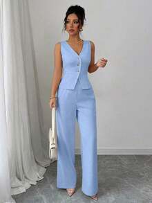 Conjunto de camiseta sin mangas y pantalones elegante para mujer, estilo de oficina y transporte, atuendo de otoño para maestros - Celeste - Ver 5