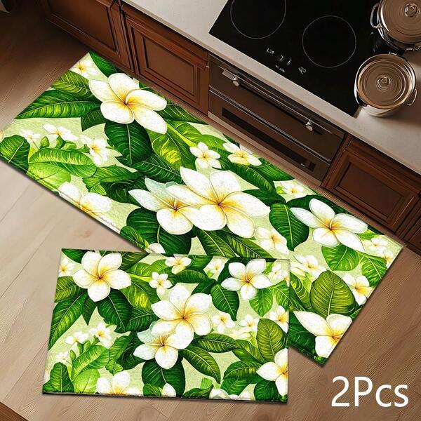 2D Plumeria Print Pattern Rug, Soft & Durable Washable Floor Mat For Entryway, Porch, Indoor - Living Room, Bathroom, Bedroom, Game Room, Laundry Room, Dorm Decor