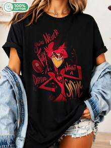 Alastor Smile Quote Grafisk T-shirt, Vivziepop Web Series Unisex Bomulls-T-shirt, Fandom Streetwear Topp - Svart - Visa 1