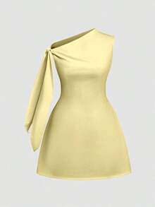 Vestido corto minimalista de mujer de unicolor elegante con hombros con lazo y sin mangas, de verano en colores claros - Mostaza Amarilla - Ver 2