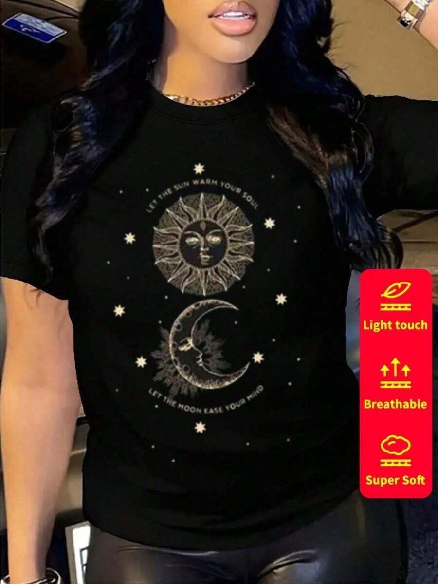 1 Pc Women's Short-Sleeved T-Shirt, Round Neck, 100% Cotton, Loose Fit, Casual And Versatile Style With Modern Print. 180g 100% Cotton - 6 - 查看 1