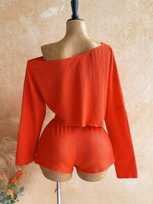 Casual 2-Piece Set Consisting Of A Cropped Top With An Irregular Neckline And Lettuce Hem, And Shorts, In A Solid Color, For Vacation, Spring/Summer - 橘色 2 - View 6