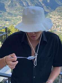 1pc Men's Drawstring Trim Bucket Hat, Adjustable Chin Strap Design, Distressed Finish, Soft Fabric, Sun Protection, Windproof, Fashionable, Suitable For Travel, Beach, Vacation, Casual Daily Use - A - View 10