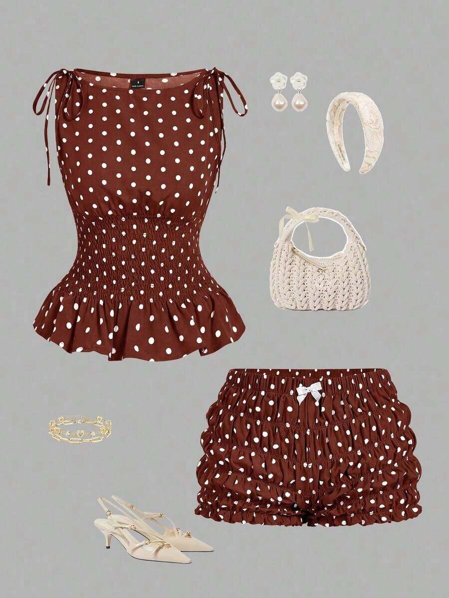 Z77A MOD Conjunto de 2 piezas de top sin mangas y shorts con estampado de lunares en contraste para mujer - Marrón - Ver 1