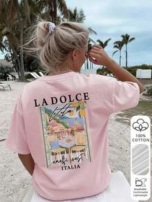 New Women's Summer T-Shirt, Casual, Colorful, With Letter And Oil Painting Print, Round Neck, Short Sleeve, Pink, Versatile And Fashionable, Suitable For Women's Tops, Leisure On Holidays And Spring Break, Black - 粉紅色 2 - 查看 1