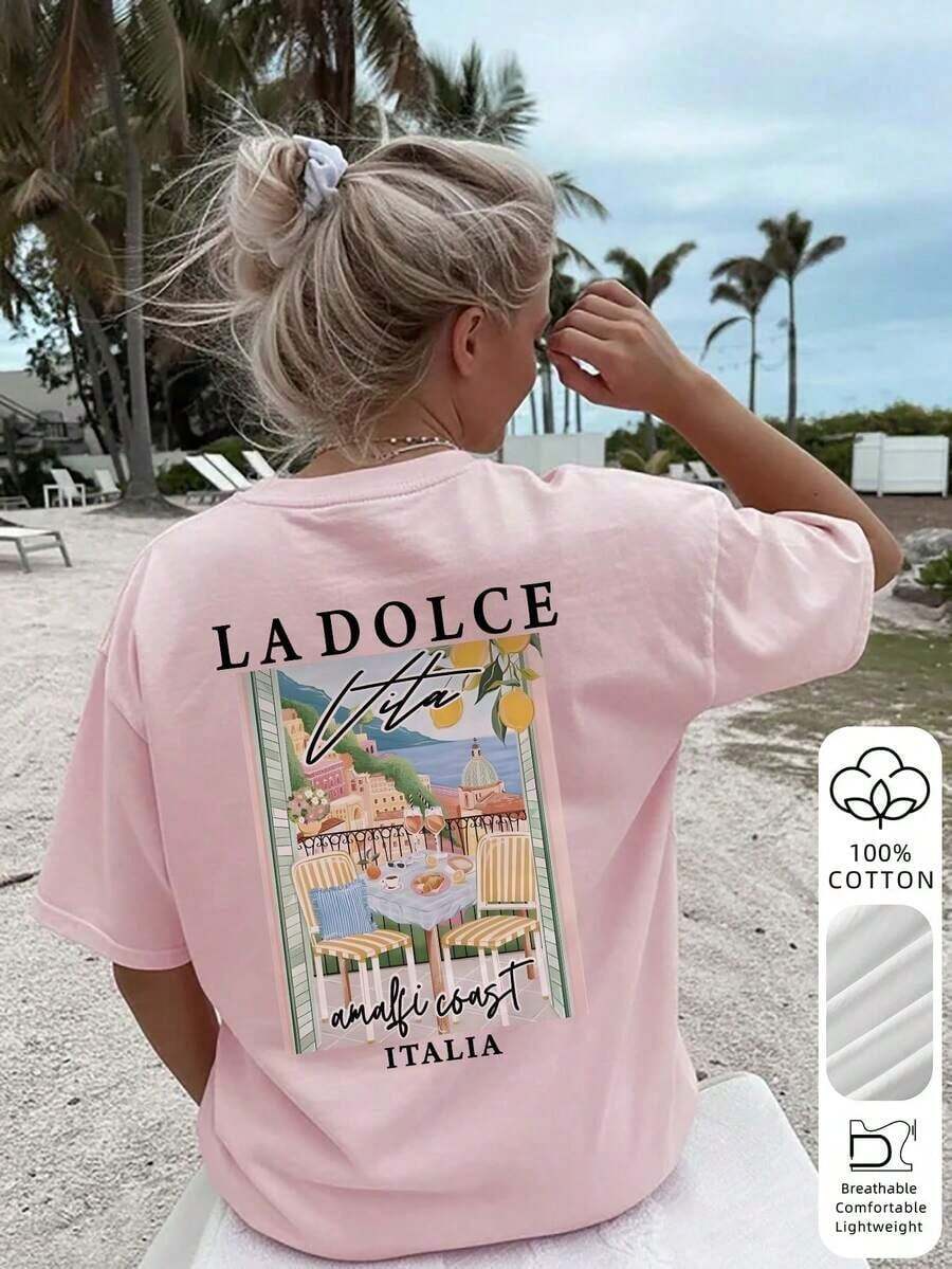 New Women's Summer T-Shirt, Casual, Colorful, With Letter And Oil Painting Print, Round Neck, Short Sleeve, Pink, Versatile And Fashionable, Suitable For Women's Tops, Leisure On Holidays And Spring Break, Black - 粉紅色 2 - 查看 1