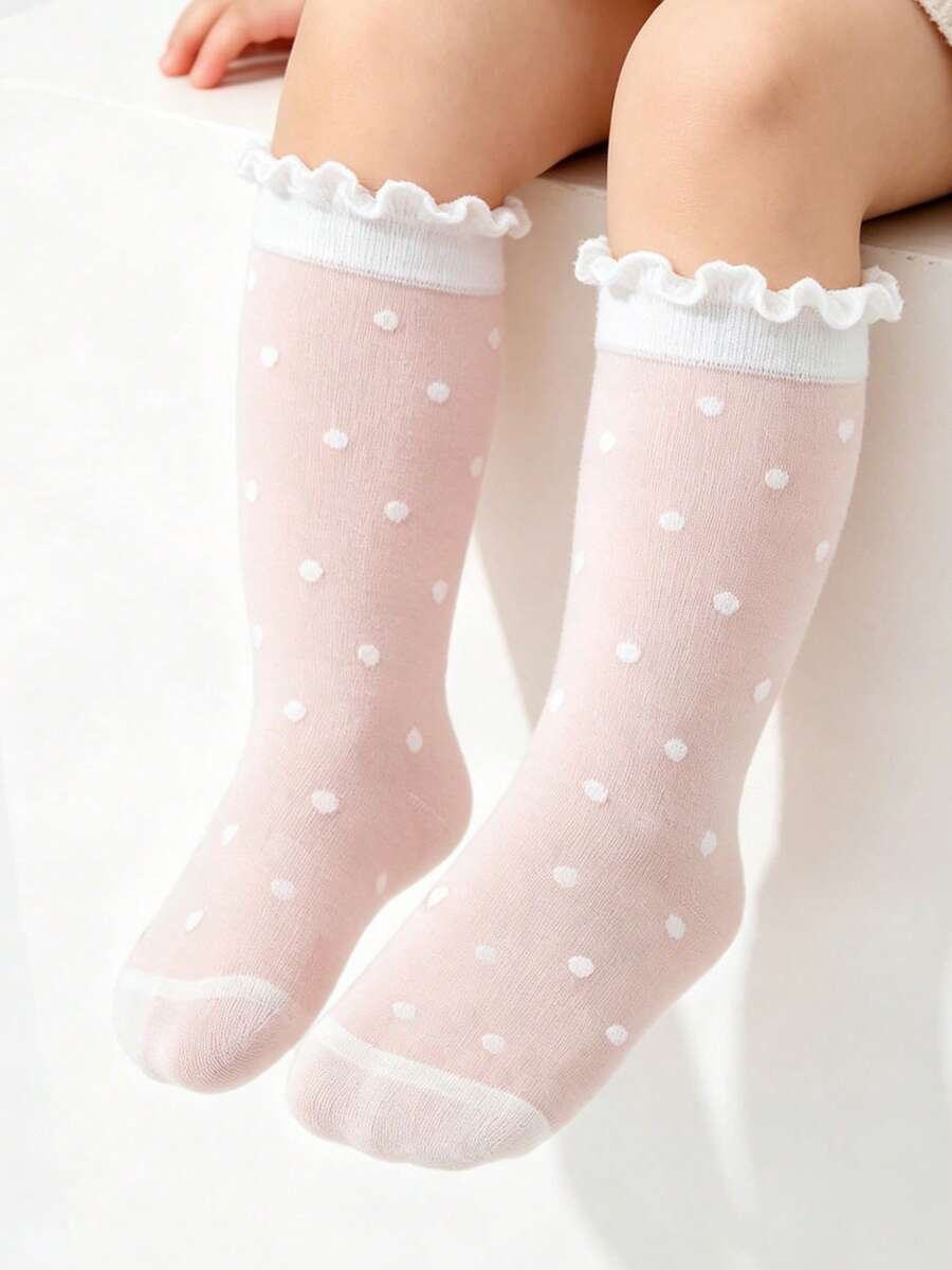 1 đôi tất dài đến bắp chân họa tiết chấm bi cho bé gái, tất lụa nhẹ thoáng khí, tất đa năng dễ phối đồ hàng ngày, thích hợp cho mùa xuân/hè.