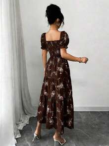 Vestido maxi con cuello cuadrado, manga corta fruncida y volante en el bajo, con pequeños estampados florales, adecuado para uso casual diario, trabajo, viajes, playa, estilo bohemio, occidental, festivales de música, estilo campestre - Marrón - Ver 2