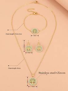 Set In Acciaio Inossidabile: Pendente A Forma Di Albero Del Denaro Con Dettagli Esclusivi Di Cristalli E Strass, Collana, Bracciale E Orecchini Come Regalo Di Nozze Per Donne - Dorato - Visualizzare 3