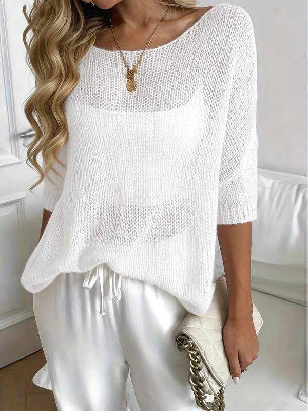 Women's White Hollow Sheer Knit Top, 3/4 Drop Shoulder Boat Neck Pullover, Casual Style, Commuter Vibe, Essential Spring/Autumn Layering Piece Summer
