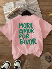 女士“MORE AMOR POR FAVOR”（请多给我一些爱）西班牙语T恤 - 印有西班牙语短语和心形图案；适合春夏季休闲穿着。度假装 - 粉色 - 查看 4