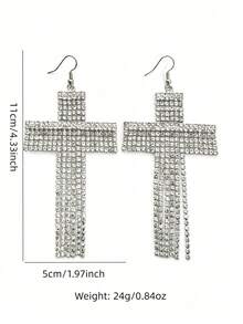 Sparkling Claw Chain Jewelry, Glamorous Party Style Cross Pendant Earrings, Exaggerated Large Earrings For Women - Silver - View 4