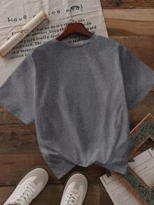 Camiseta de manga corta, cuello redondo, casual para mujer, ideal para vacaciones de verano - Gris Oscuro - Ver 2
