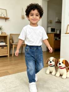 Young Boy Solid Color Elastic Casual Denim Jeans Pants, Spring - Blue - View 5