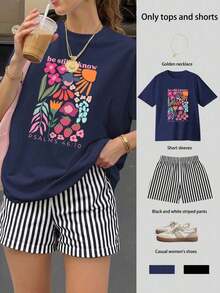 Conjunto de camiseta de manga corta holgada con estampado "Be Still & Know" y pantalones cortos a rayas, traje de mujer, conjunto de dos piezas femenino, atuendo de verano para mujer, ropa de vacaciones, ropa de viaje, estilo de playa, vestimenta de vacaciones minimalista - Niebla azul 3 - Ver 5
