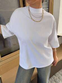 Camiseta de manga corta suelta y casual minimalista de estilo de negocios casual para mujer con efecto "dinero viejo" y talla oversize - Blanco - Ver 3