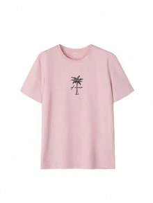 Women's Short-Sleeved T-Shirt With A Round Neck, Featuring A Minimalist Coconut Tree Print And Slogan. Simple And Versatile, Suitable For Everyday Wear And Vacations. Graphic T-Shirt, Women's, White, Black, Pink, Summer - 羅莎 - 查看 4