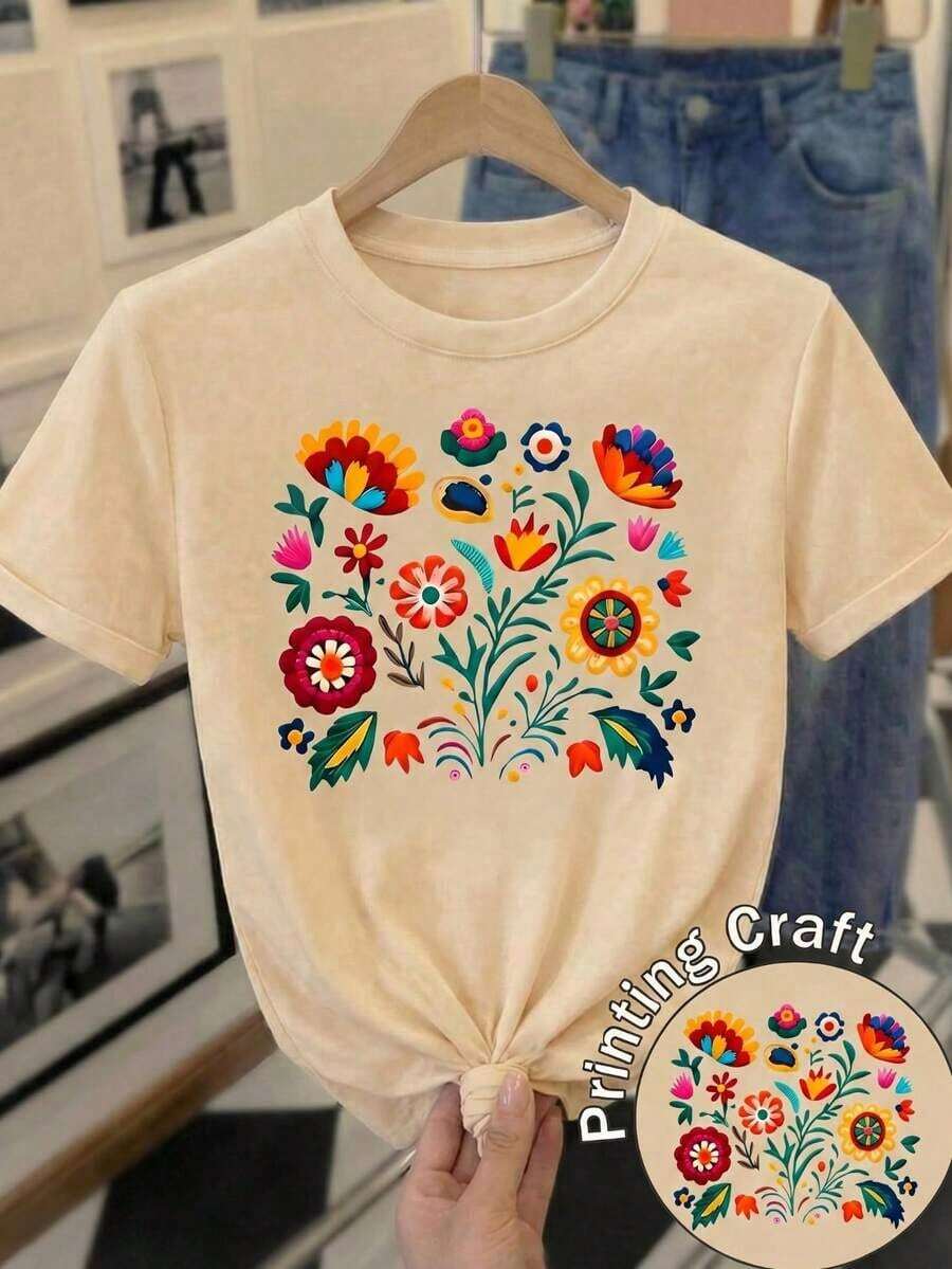 Nueva Camiseta De Manga Corta Con Cuello Redondo Para Mujeres, DiseñO Primavera-Verano, Con Estampado Moderno Y Minimalista De Flores Que Combina Perfectamente, Transpirable Y Absorbe La SudoracióN. EnvíO Directo Desde Nuestro AlmacéN Local, Modelo Para Parejas, Ideal Para Llevar En Pareja.
