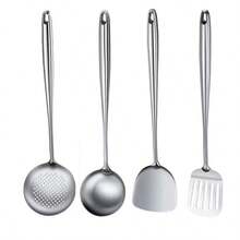 Bộ 4 dụng cụ nấu ăn bằng thép không gỉ, bao gồm muỗng xào cán dài, muỗng múc canh, muỗng lọc và muỗng dẹt, dùng cho nhà bếp gia đình. - Nhiều màu - Xem 8