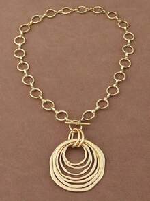 1 Piece Silver/Matte Gold Color Large Open Hollow Multi-Layer Asymmetrical Round Circle Pendant Chunky Chain Statement Necklace Suitable For Women's Daily Wear 18"+2" Extend Chain - Bạc và Vàng - Xem 7
