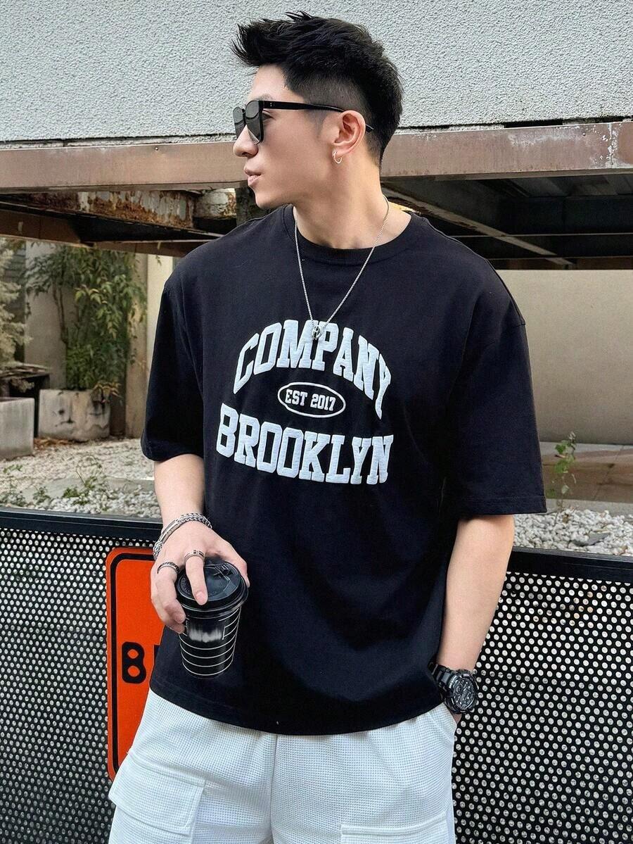 Camiseta de Hombre con Estampado de Letras y Hombros Caídos, Ropa de Otoño - Negro - Ver 1