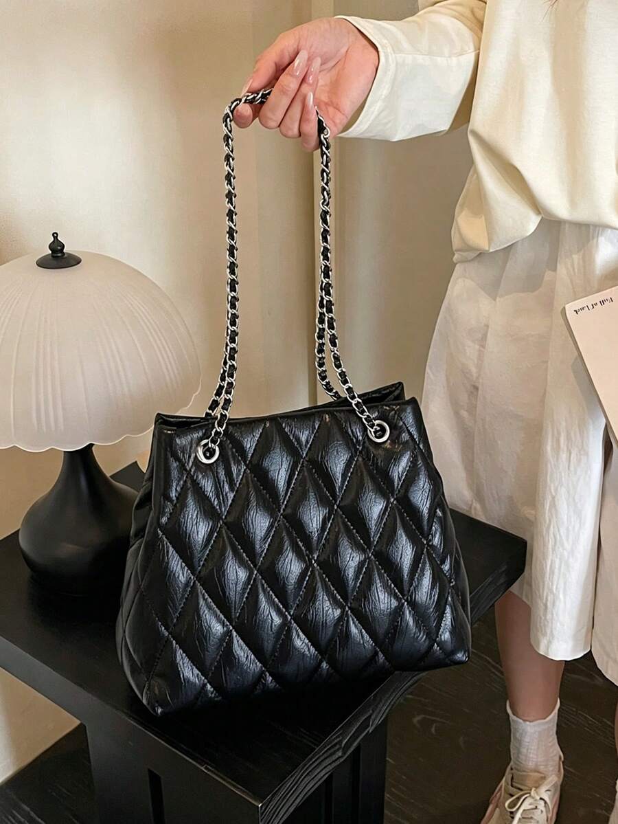 Large Capacity Fashion Tote Bag, Quilted Embroidery Soft Chain Shoulder Crossbody Bag, Suitable For Students, Commuting, Shopping, Travel - Black - View 1