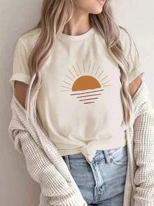Nueva Camiseta Casual de Verano para Mujer, Versátil, Estampada, de Cuello Redondo y Manga Corta, Estilo Veraniego, Cómoda y a la Moda. Camiseta estampada, top blanco de mujer, top negro - Camiseta unisex de algodón holgada de manga corta y cuello redondo estilo vintage urbano - Albaricoque - Ver 1