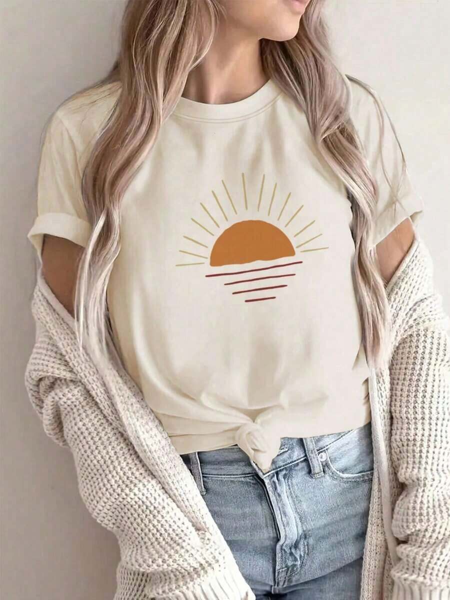 Nueva Camiseta Casual de Verano para Mujer, Versátil, Estampada, de Cuello Redondo y Manga Corta, Estilo Veraniego, Cómoda y a la Moda. Camiseta estampada, top blanco de mujer, top negro - Camiseta unisex de algodón holgada de manga corta y cuello redondo estilo vintage urbano - Albaricoque - Ver 1