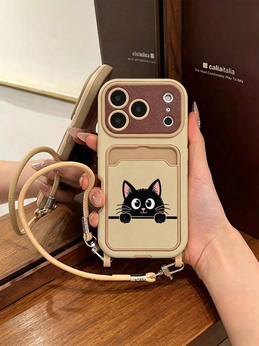 1件猫羊彩绘图案PU皮革卡包挂绳，经典防摔软卡槽手机壳，兼容苹果17Pro/17/Air/17Promax/11/12/13/14/16 Pro Max/16 Pro/15系列，镜头保护，节日礼物 - 彩色 - 查看 1