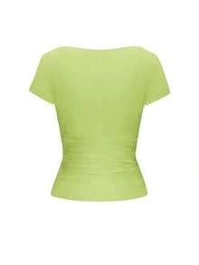 Blusa ajustada y sexy de punto para mujer Vaiaye, camiseta casual de cuello cuadrado de unicolor, para primavera/verano - verde claro - Ver 4