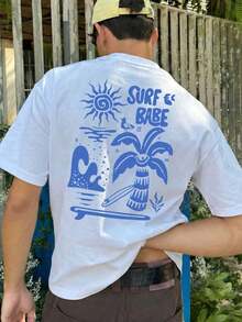 Coastal | New Men's Summer T-Shirt With Coconut Tree And Letter Print, Short Sleeve, Crew Neck, Casual Holiday Wear, 100% Cotton - 白色 3 - 查看 1